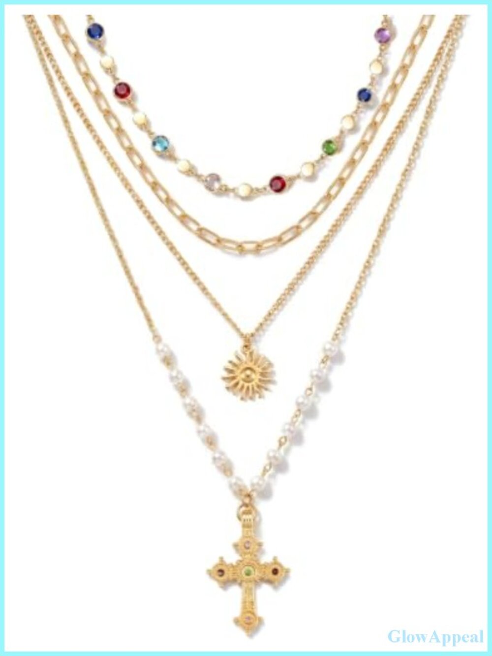 Gold Plated Cross Pendant Necklace Set for Women, Bohemian Layered Pearl